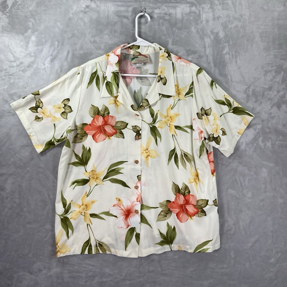 VTG Paradise Found Shirt Womens 2XL Button Up Hawaiian Floral Print AOP Rayon